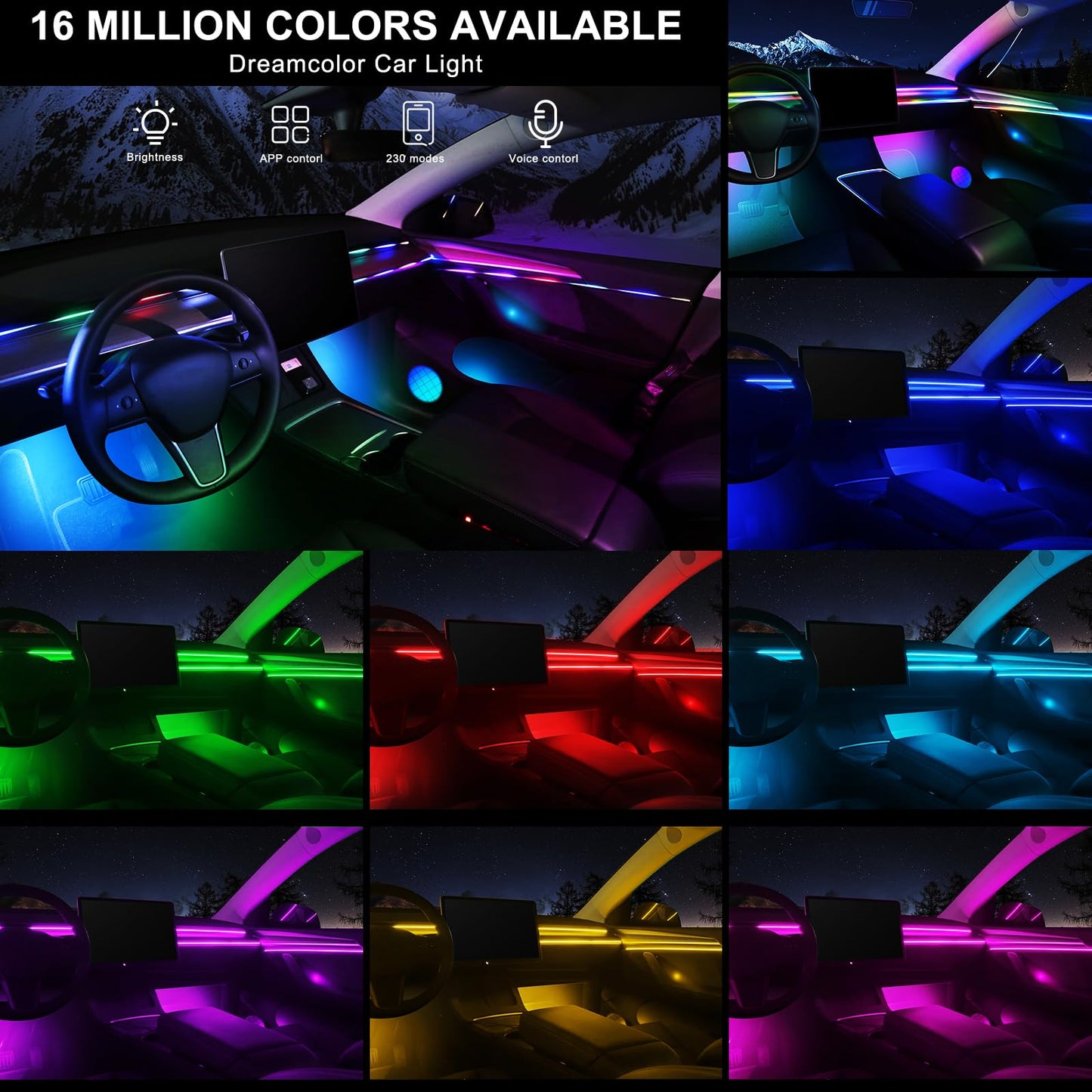 Dreamcolor Acrylic Interior Car LED Strip Light with Wireless APP, RGB 22 in 1 with 175 inches 600 LEDs Fiber Optic Ambient Lighting Kits, Dynamic Chasing Music Sync Neon LED Strip for Car Accessories
