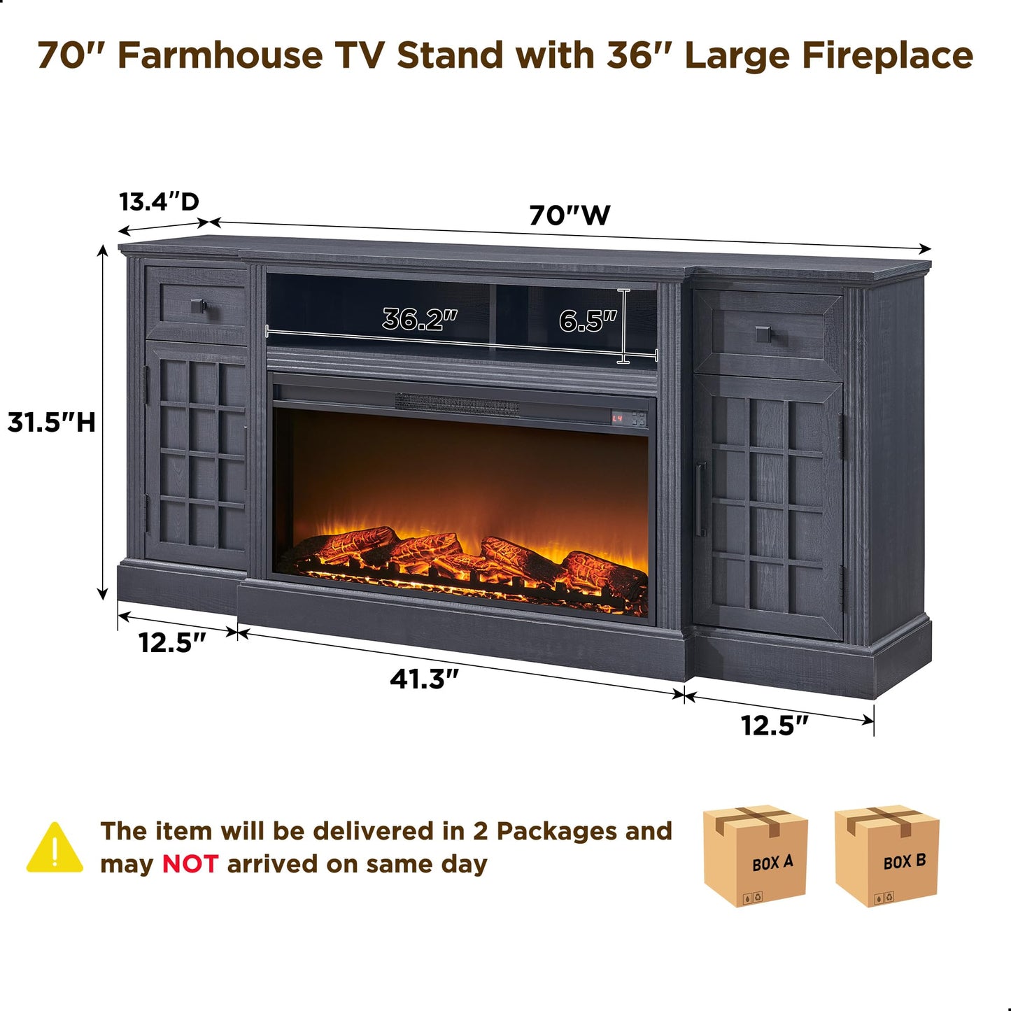 JXQTLINGMU TV Stand with Fireplace for up-to-80 TV, Farmhouse 70" Entertainment Center with 36" Electric Fireplace, TV Console with Grid-Door Cabinets & Drawers for Living Room, Black
