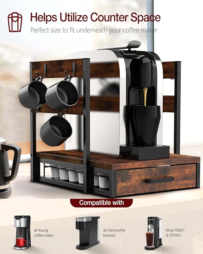 Evermagin K Cup Holder, 35 Pod Capacity, Coffee Pod Holder Compatible with Keurig, Coffee Station Organizer for Countertop with Cup Rack, Rustic Brown