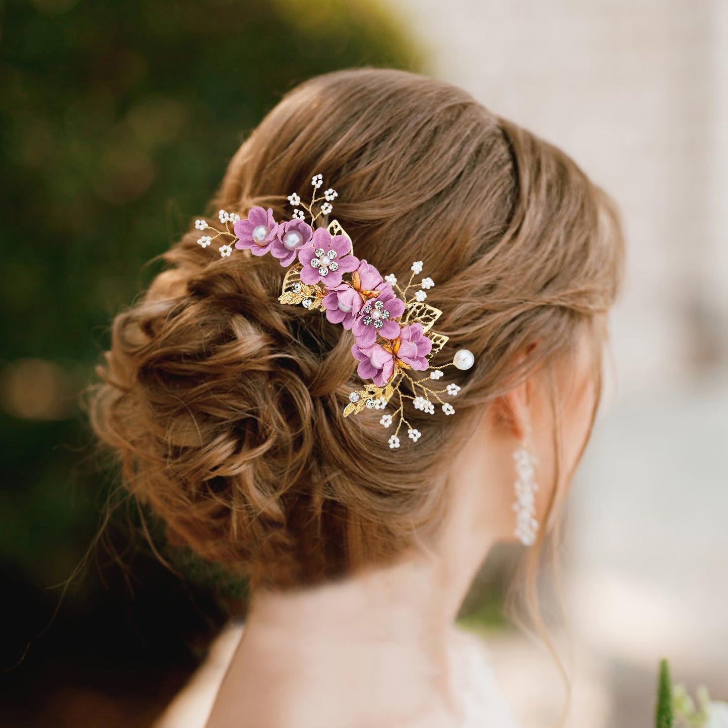 Wedding Hair Combs, Crystal Flwoer Hair Clips Bride Bridesmaid Hair Sides Comb Rhinestone Barrettes, Pearl Flower Hair Pins Hair Accessories for Women Girls (Purple)