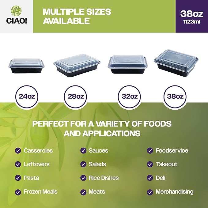 CIAO! Heavy Weight 38oz Injection Molded Microwavable Black Rectangular Food Container with Lid (150/case)