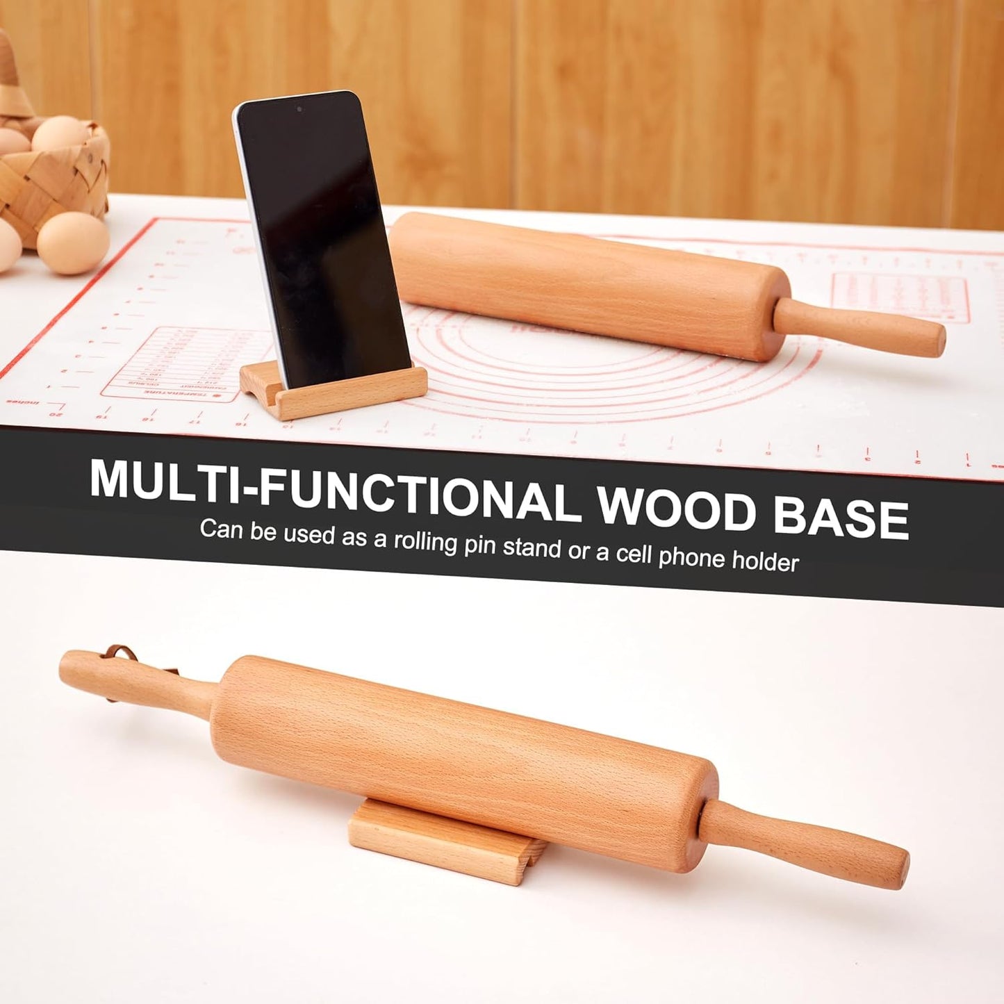 Classic Wood Rolling Pin - Wooden Rolling Pins for Baking Silicone Mat Set, Dough Roller with Wood Base, Fondant Roller for Pie Crust Cookies Pizza Dough and Bread, 17 Inch