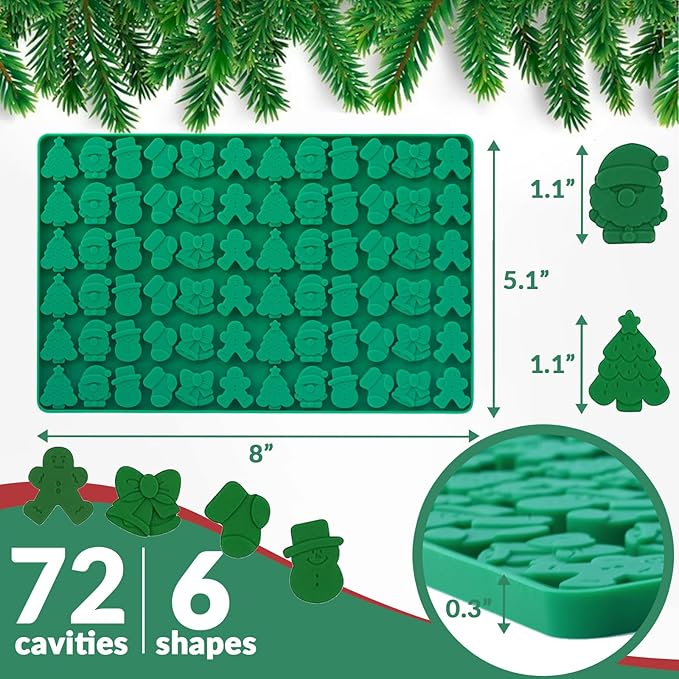 HKNMTT Mini Christmas Candy Molds, Silicone 72 Cavity Chocolate Mold, Tree Santa Snowman Stocking Bell Gingerbread Shape Gummy Making Set, Food Grade for Gifts Cookies Dog Treats