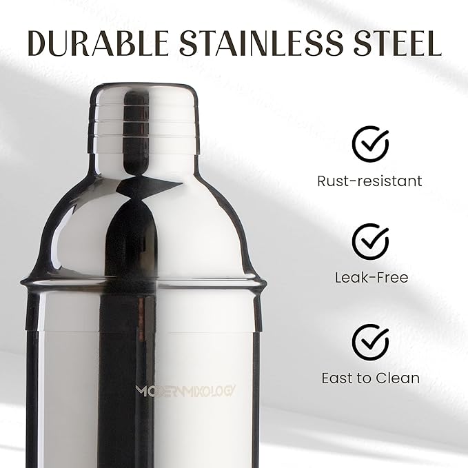 Modern Mixology 21-Piece Cocktail Shaker Set with Stand, Bartender Kit for Home Bar Accessories: 24oz Martini Shaker, Jigger, Strainer, Bar Spoon, Tongs, Opener, Muddler (Silver, Dark Brown Stand)