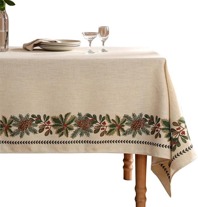 ISAENNE Designer Christmas Linen Long Tablecloth Rectangle,Light Beige Western Table Cloth,Wrinkle Resistant Decor Tablecloths for Dining Thanksgiving Kitchen Christmas,63"*102"-Carol G