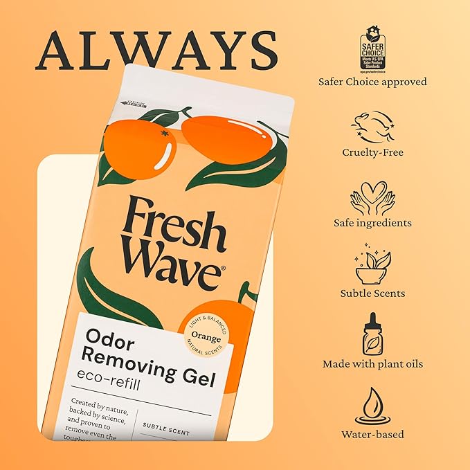 Fresh Wave Odor Removing Gel Eco-Refill, 63 oz. Orange Scent | 4 Empty Refillable Glass Jars | 4 Room Set