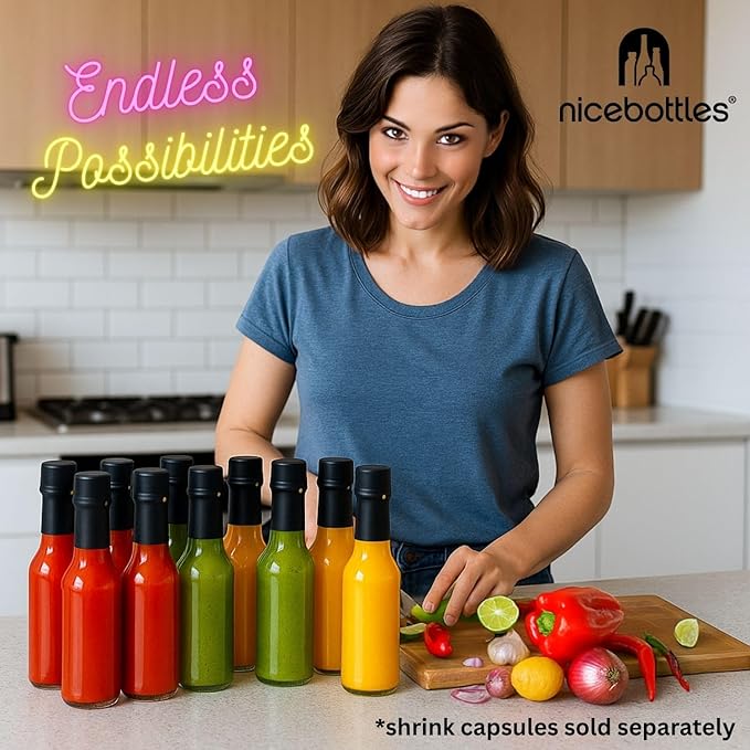 nicebottles Hot Sauce Bottles with Red Caps & Shrink Bands, 5 Oz - 24 Pack