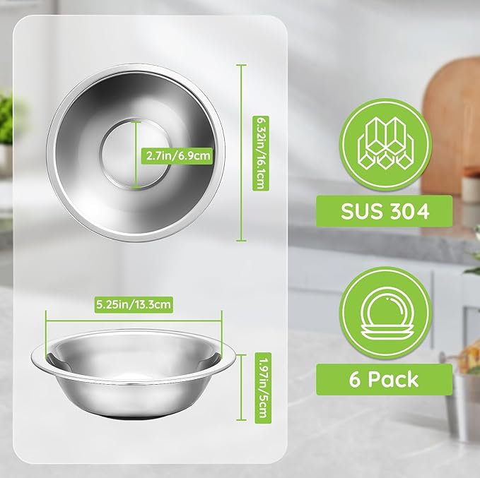 304(18/8) Stainless Steel Mixing Bowls for Kitchen, 6 Pack 6.3" 13.67 fl.oz Metal Mixing Bowls Set Stackable for Baking Serving Cooking Food Prep Storage Dishwasher Safe Lightweight