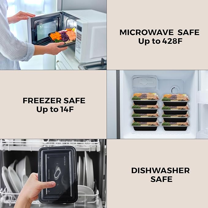 Klex 32 Oz, 50 Sets Meal Prep Containers with Airtight Lids, BPA Free, Reusable Plastic Food Container, 32 oz, Rectangular, Black/Clear, 50 Sets