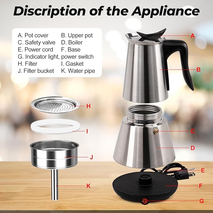 Electric Stainless Steel Moka Pot 6 Cup 300ml Mocha Pot Espresso Maker with Detachable Base Ideal Coffee Maker for Home Italian and Cuban Café Coffee maker Espresso maker Coffee Pot