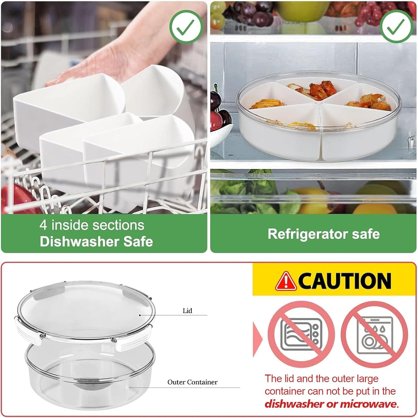 Divided Serving Tray with Lid, Removable Divided Platter Snack Box Container, Snackle Box Food Storage Charcuterie Containers, Fruit Snack Tray for Party, Veggies, Snack, Fruit, Nuts, Candy, Chip