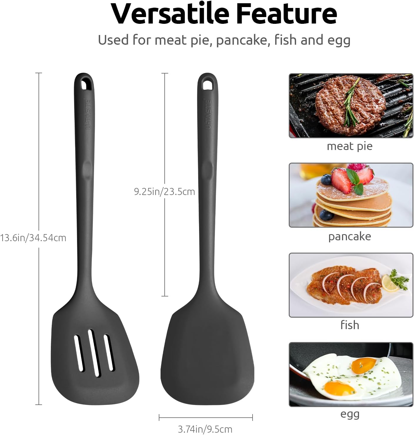 600ºF Heat Resistant Silicone Turner: U-Taste 13.6in Long Solid & Slotted Thick Kitchen Spatula Flipper, Large Flexible Cooking Utensil for Flipping Egg in Nonstick Cookware (Classic Black, 2PCS)
