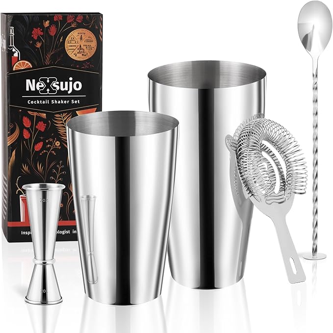 Boston Cocktail Shaker Set, 4-Piece Bar Tools Set, Professional Bar Set with Boston Shaker, Bar Spoon, Jigger, Hawthorne Strainer, Stainless Steel, Dishwasher Safe, Ideal Bartender Kit for Bar