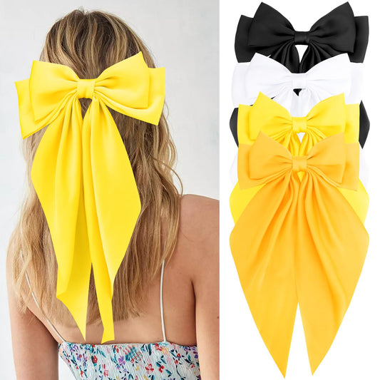 Velscrun Black White Bright Yellow Yellow Hair Bows for Women Girls, Silky Satin Large Coquette Bow, Oversized Hair Ribbons 4Pcs Big Bows Clip Long Tail Bowknot Hair Barrettes Bow Accessories
