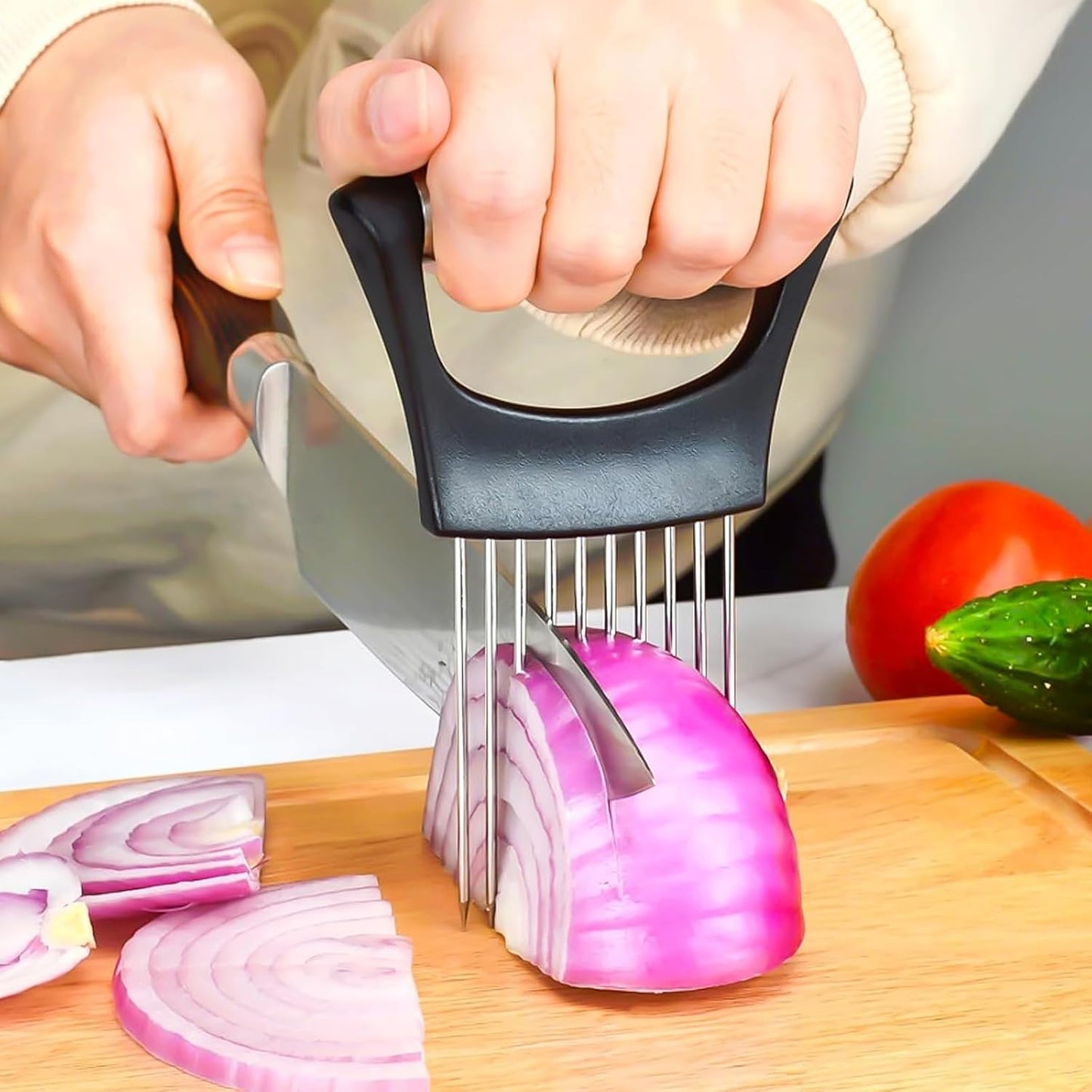 Onion Holder for Slicing, Large Onion Cutter Vegetable Chopper, Stainless Steel Tomato Slicer for Potato Lemon, Practical Meat Tenderizer Tool(2 Pcs)