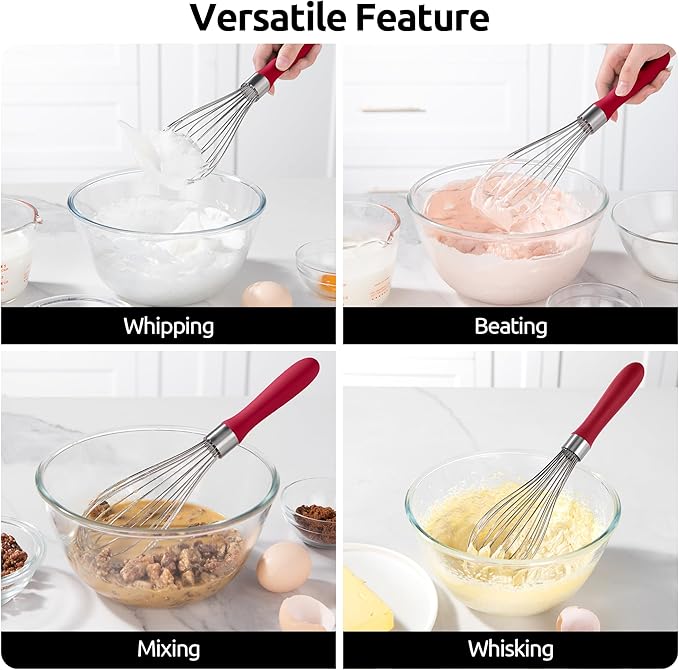 U-Taste Balloon Whisk for Cooking: 18/10 Stainless Steel Kitchen Wire Whisk, Medium Heavy Duty Egg Beater, Manual Baking Mixing Tool with 8 High Flex Wires for Stirring, Blending Sauce (Red)