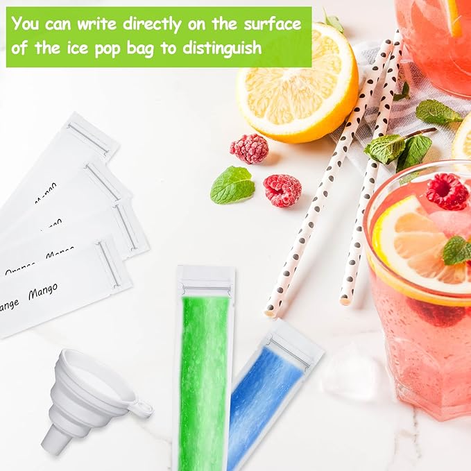 Shappy 450 Pcs Disposable Ice Pop Mold Bags with 3 Silicone Funnels Freezer Tubes with Zipper Seals DIY Ice Pop Bags Bulk for Yogurt Healthy Snacks Juice Fruit Smoothies(11 x 2.16 Inch)