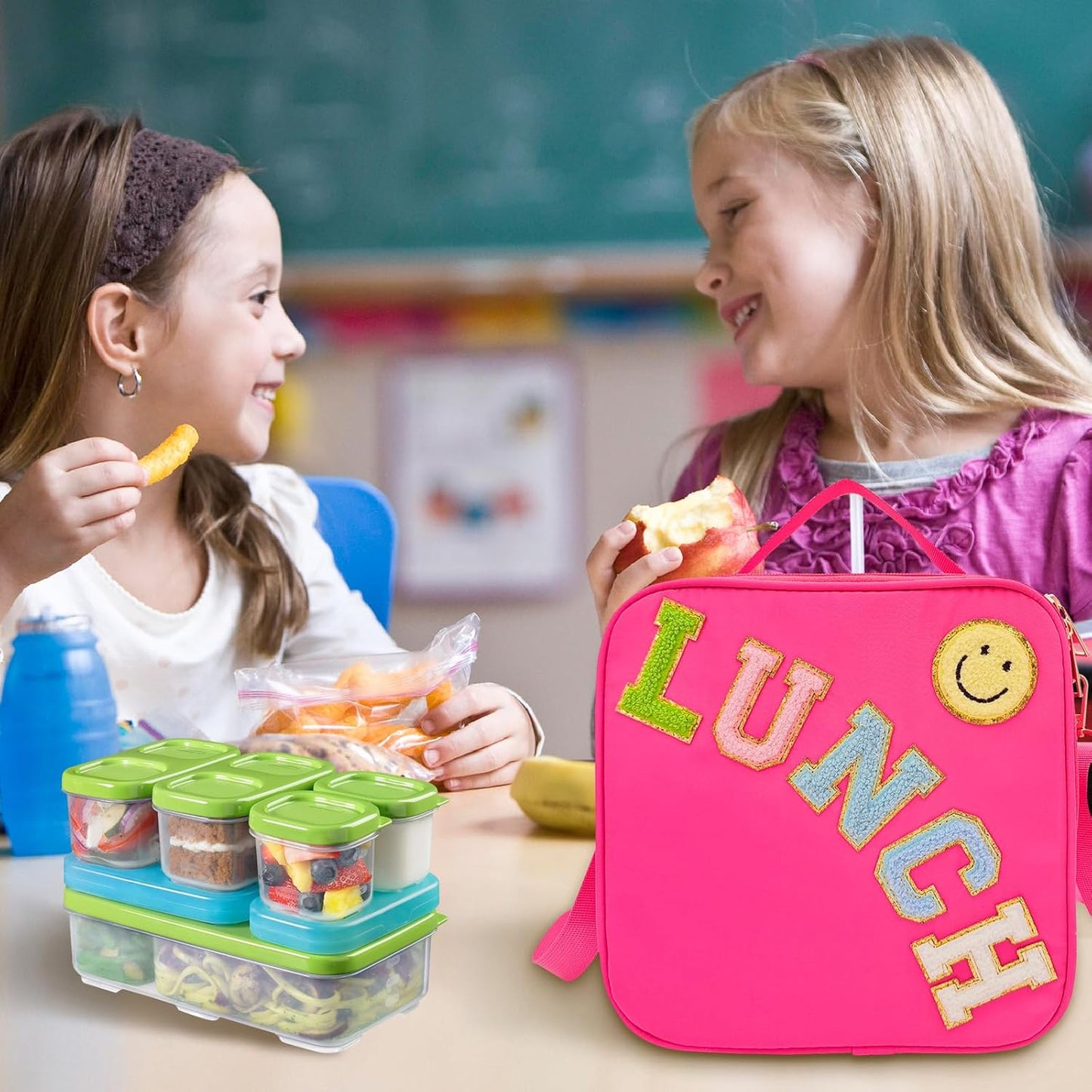 Insulated Lunch Bag With Adjustable Shoulder Strap, Nylon Preppy Lunch Box Large Insulated Lunch Bag Reusable Lunch Tote Bag with Smiley Preppy LunchBag for Girls School Travel Picnic (Rosy Red)