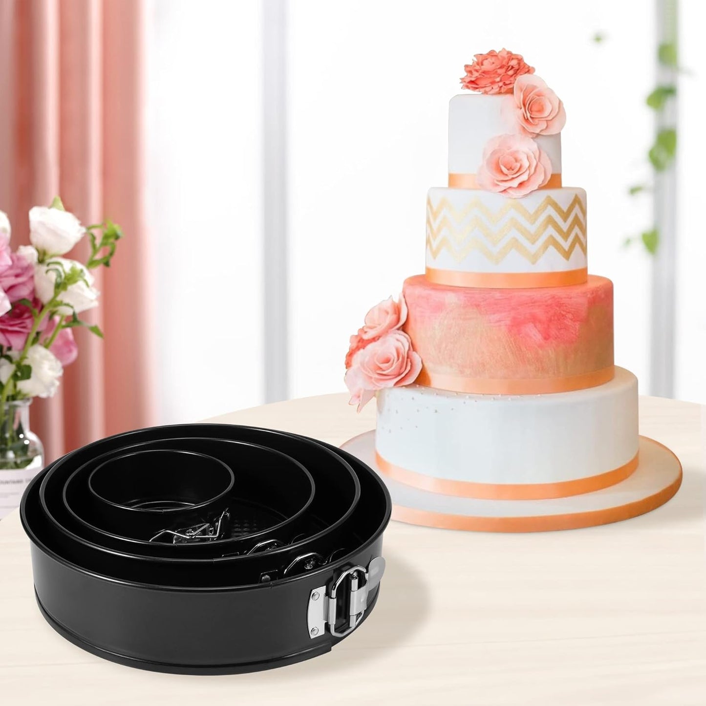 Springform Pan Set of 4, 4/7/9/10inch Cake Pan, Non-Stick Leak-Proof with Removable Bottom, Cheesecake Pan for Baking, Black