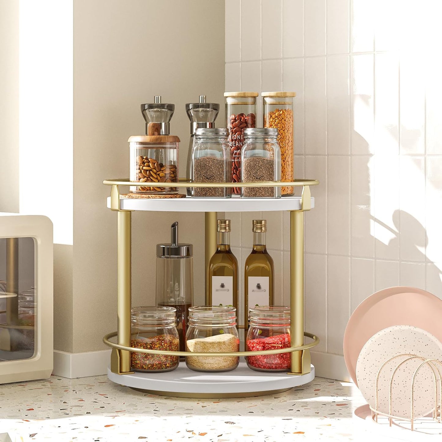 Lazy Susan Organizer, Rotating Spice Rack, 2 Tier Spice Turntable Organizer, Industrial Turntable Spice Holder, for Kitchen Countertop and Cabinet, Compact and Versatile, White and Gold SR22DW