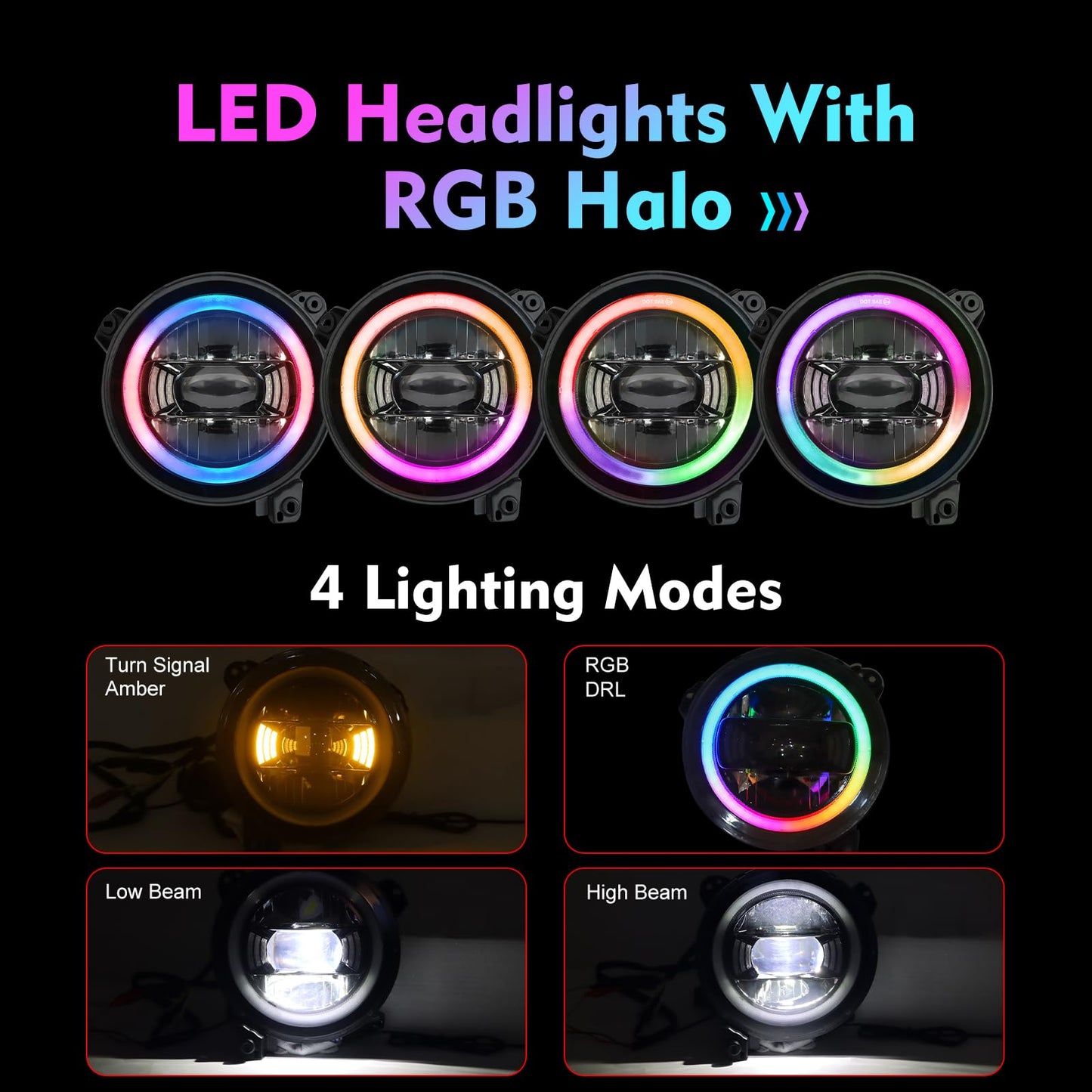 BEEYEO 9 inch LED Headlights RGB Halo Ring 9” Round Front Head Light, Remote Phone APP Control DOT Approved for Wrangler JL 2018 2019 2020 2021, Gladiator JT 2019 2020 2021
