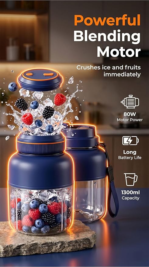 Portable Wireless Juicer Cup - 44 oz Cordless Blender with 38-Blade 18000 RPM High-Speed Motor, USB-C Rechargeable Personal Smoothie Maker for Gym, Travel, and Outdoors (Double Cup-Blue,28oz)