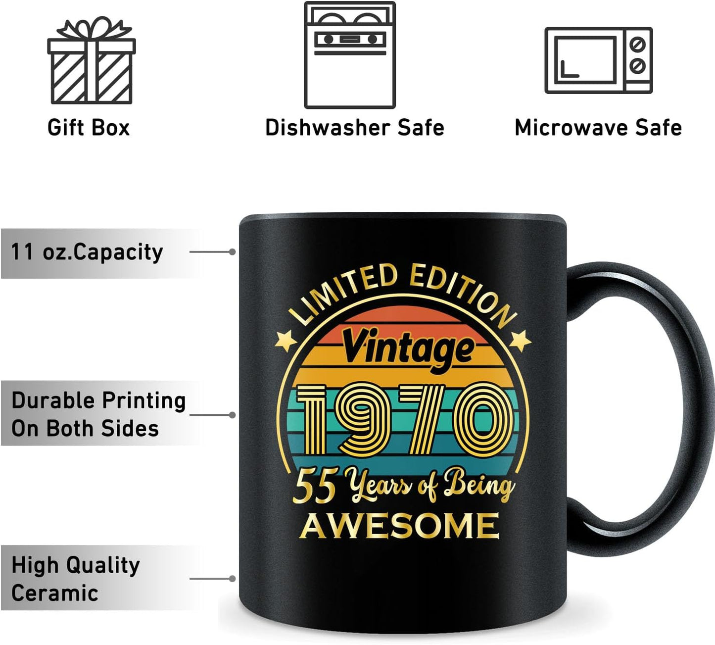QUPT 55th Birthday Gifts for Women Men, 55th Birthday Gifts for Him, 1970 Birthday Gifts for Women Men, 55 Years Old Gifts, 1970 Birthday Gifts for Her Him, 55th Birthday Presents Coffee Mug