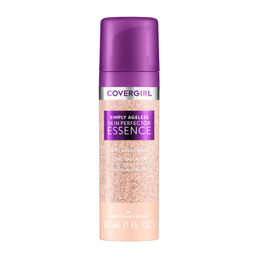 Covergirl Simply Ageless Skin Perfector Essence Foundation, 10 Fair, Tinted Skin Perfector, Skincare Makeup Hybrid, Sheer Tint, Radiant Finish, Skin-Like Finish, Vegan Formula, 1.0oz