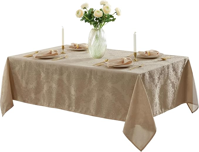 Newbridge Barcelona Luxury Damask Fabric Tablecloth, 70” x 70”, Square, Golden Beige, 100% Polyester, No Iron, Soil Resistant Dining Room, Party and Banquet Table Cover