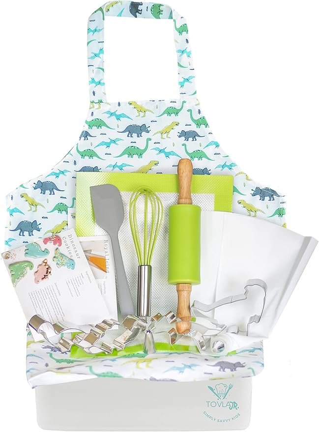 Tovla Jr. Kids Baking Gift Set with Storage Case - Cooking Kit for Children - Educational Baking Sets - Real Kid Baking Supplies with Decorating Tools Set with Apron… (Dinosaur)