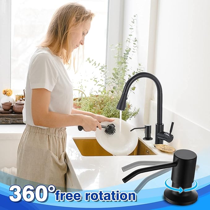Built in Soap Dispenser for Kitchen Sink WEWE, Stainless Steel Matte Black in Counter soap Dispenser Refill from The Top 10oz Large Liquid Bottle