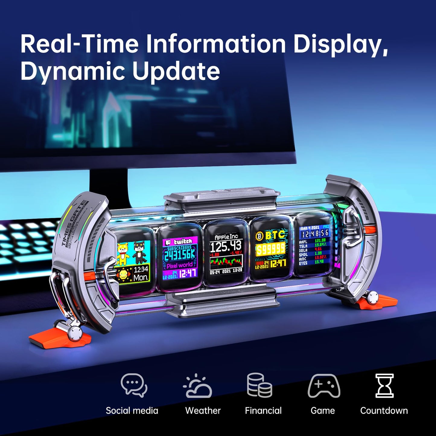 Divoom Times Gate - Cyberpunk Gaming Setup Digital Clock with Smart APP Control, WiFi Connect, RGB LED Display, Personalized Dashboard, Pixel Art for Gaming Room & Office Decor(Sliver)