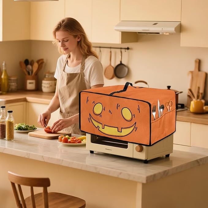 Air Fryer Toaster Oven Cover Fabric Convection Oven Cover with Pockets, Washable Small Appliance Dust Protection, S, Cartoon Pumpkin Face Pattern Halloween Decor