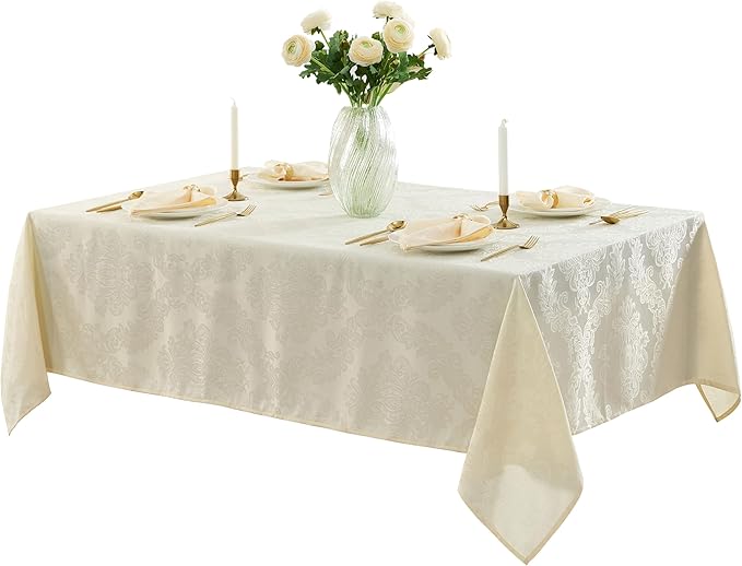 Newbridge Barcelona Luxury Damask Fabric Tablecloth, 60” Wide x 102” Rectangle, Antique White, 100% Polyester, No Iron, Soil Resistant Dining Room, Party and Banquet Table Cover