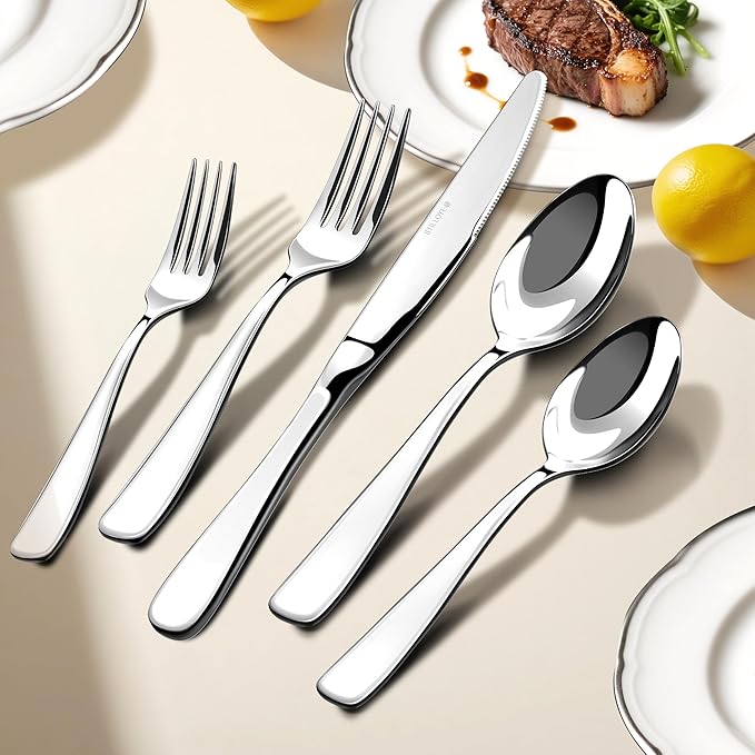 Silverware Set for 12, 60 Piece 18/10 Stainless Steel Flatware Utensils Cutlery Set, Mirror Polished knives Forks and Spoons Silverware Sets,Dishwasher Safe for Dinner Home Kitchen Wedding Party