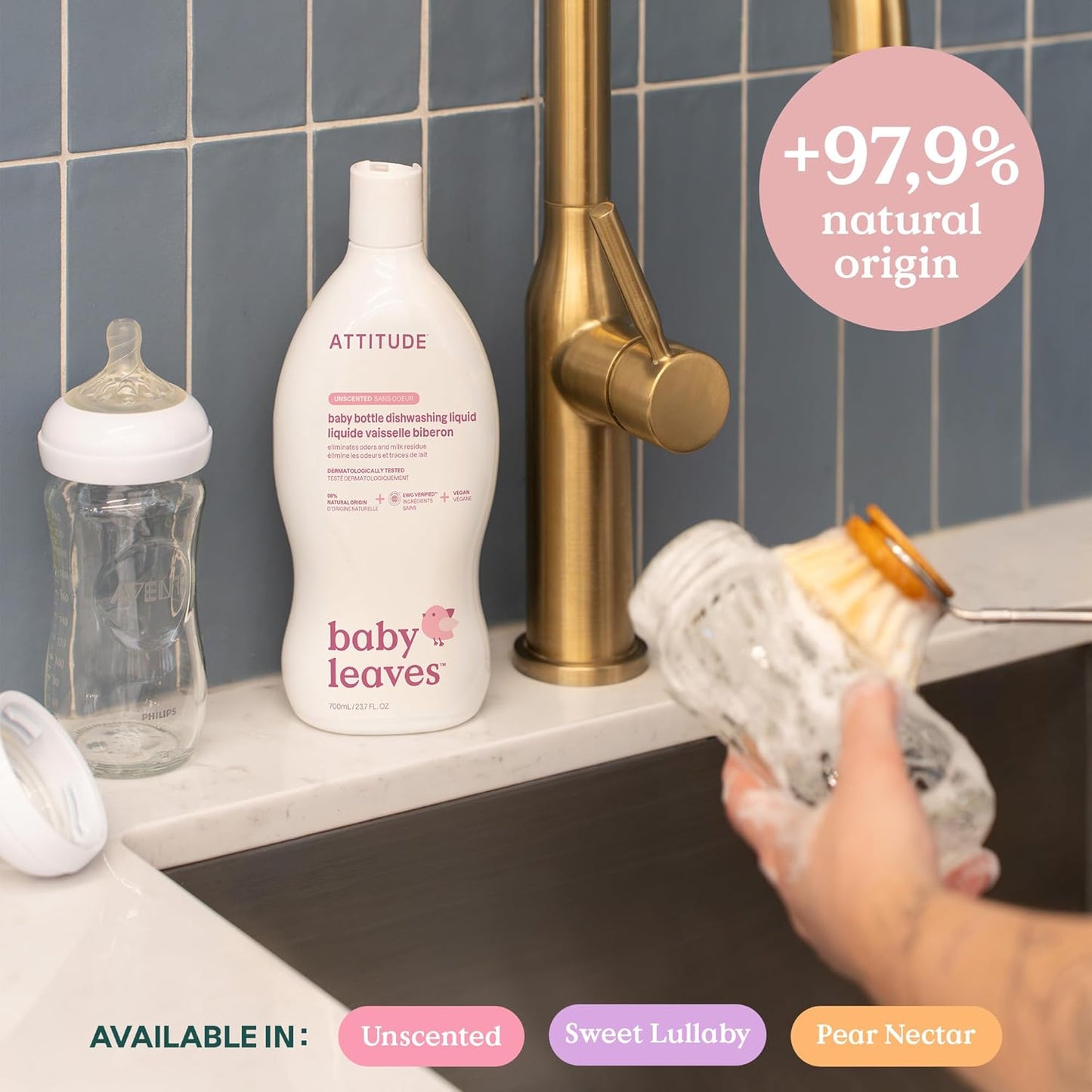 ATTITUDE Baby Dish Soap and Bottle Cleaner, EWG Verified Dishwashing Liquid, No Added Dyes or Fragrances, Tough on Milk Residue and Grease, Vegan, Unscented, 23.7 Fl Oz