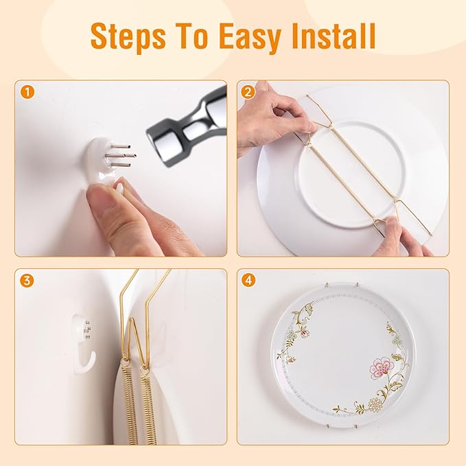Plate Hangers for The Wall, Suitable for 16-20 inch Decorative Plate, Stainless Steel Wire Plate Holder with Wall Hooks and Rubber tip Protectors, Plate Hangers for Displaying Plates, Platter, Gold