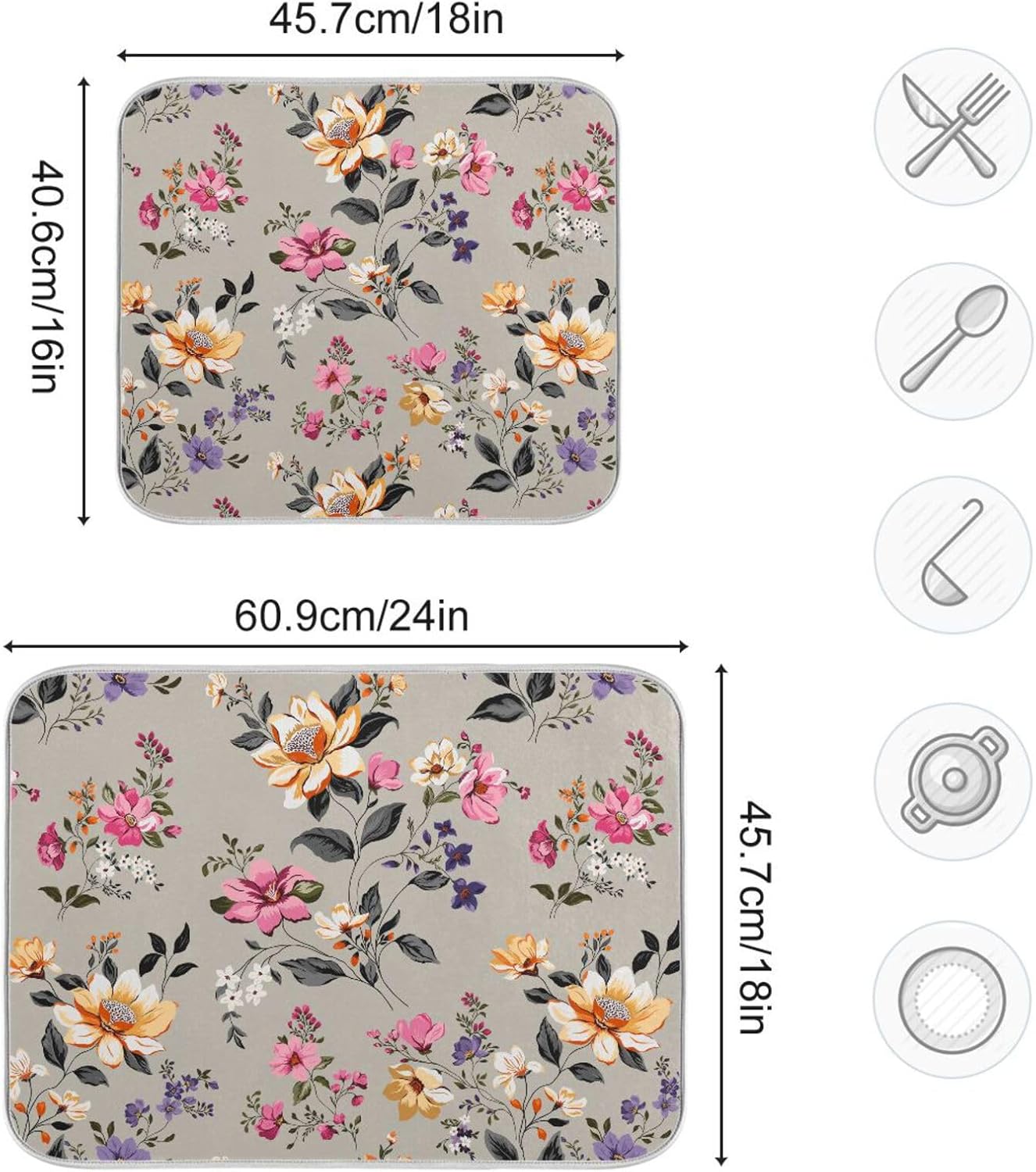 Vintage Flowers Leaves Dish Drying Mat for Kitchen Counter Absorbent Microfiber Drying Pad, Large 18x24 in, Reversible Drainer Mats