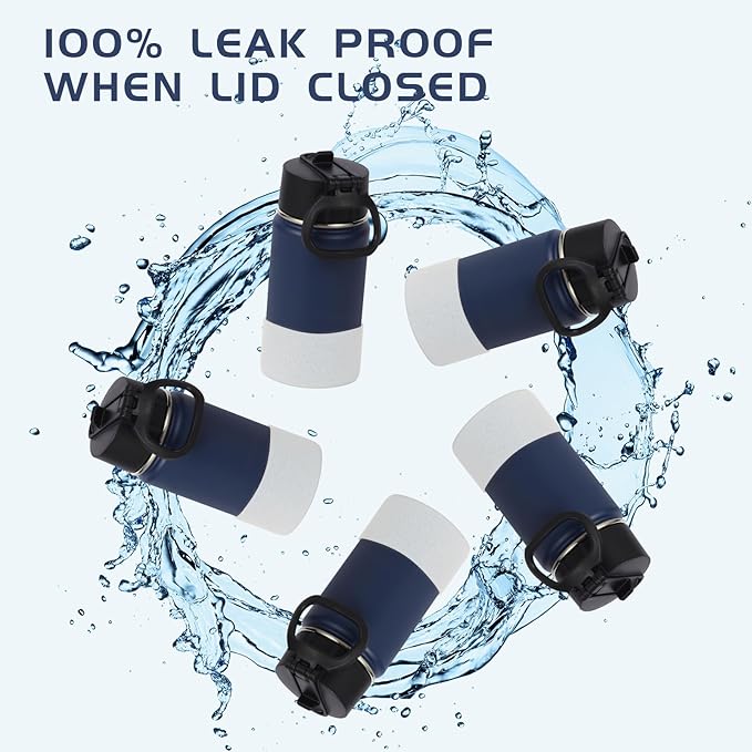 Volhoply 14oz KIds Stainless Steel Insulated Leakproof Water Bottle with Straw Lid and Silicone Boot,BPA-Free Easy Use for Boys&Girls,Double Wall Vacuum Bottles(Navy,1)