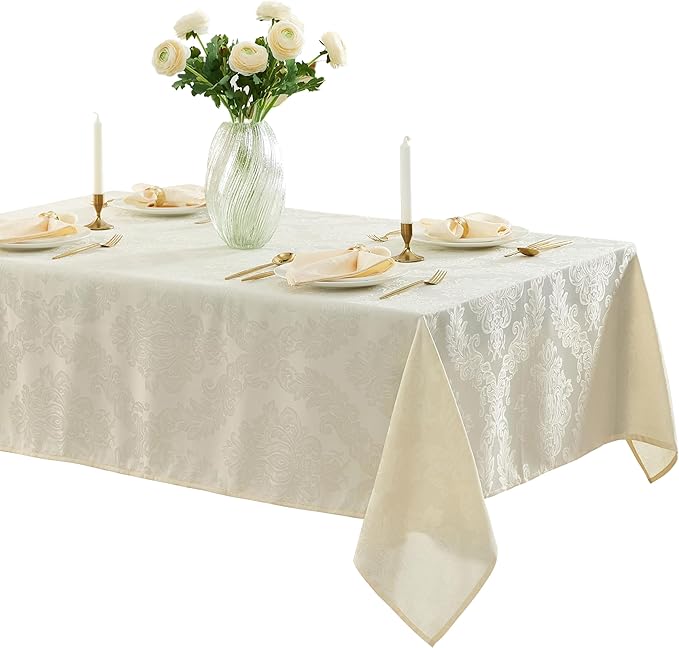Newbridge Barcelona Luxury Damask Fabric Tablecloth, 60” Wide x 120” Rectangle, Antique White, 100% Polyester, No Iron, Soil Resistant Dining Room, Party and Banquet Table Cover