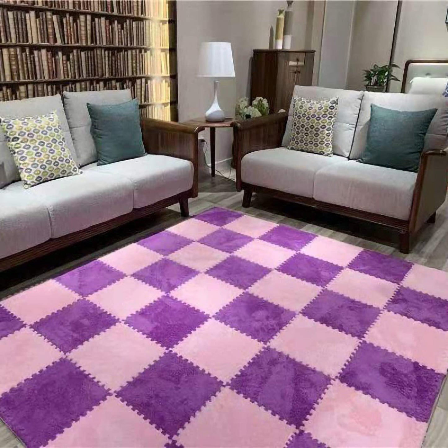 easycustomerlee 12pcs Interlocking Carpet Shaggy Soft EVA Foam Mats Fluffy Rugs Protective Floor Tiles Play Mats for Children Kids Room Home Parlor Bedroom(Pink)
