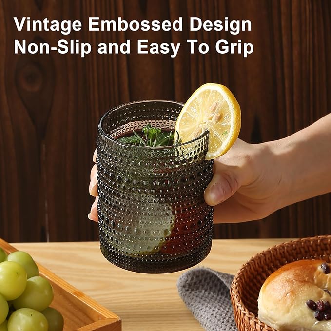 ZMOWIPDL Vintage Glassware Drinking Glasses Set of 12,Grey 12oz & 15oz Hobnail Glass Cups,Embossed Water Tumbler,for Beer,Cocktail,Whiskey,Juice and Various Mixed Drinks- 1 Cleaning Brush