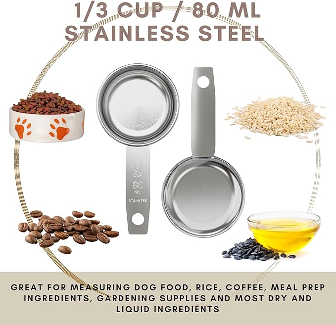 1/3 Cup Stainless Steel Measuring Cup | Sturdy Metal 80 ml | 80 cc | 3 oz | Single Cup for Wet and Dry Ingredients | Great for use as 1/3 Cup Dog Food Scoop - 1 PK