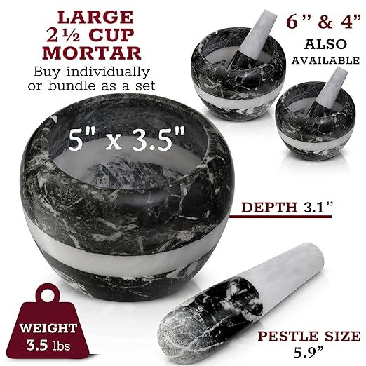 Gusto Nostro Natural Marble Mortar and Pestle Set | 5 Inch - 2.5 Cup Large Mortar Pestle Set for Grinding Herbs, Nuts, Grains | Pesto Grinding and Guacamole Stone Bowl | Marble Spice Crusher
