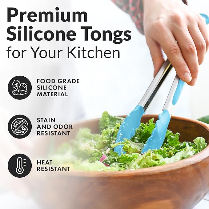 Zulay Stainless Steel Kitchen Tongs with Silicone Tips - Set of 2 (9” & 12”) Locking Cooking Tongs with Non-Slip Grip - Heat Resistant, BBQ Food Tongs for Non-Stick Cooking Pans (Silver/Light Blue)