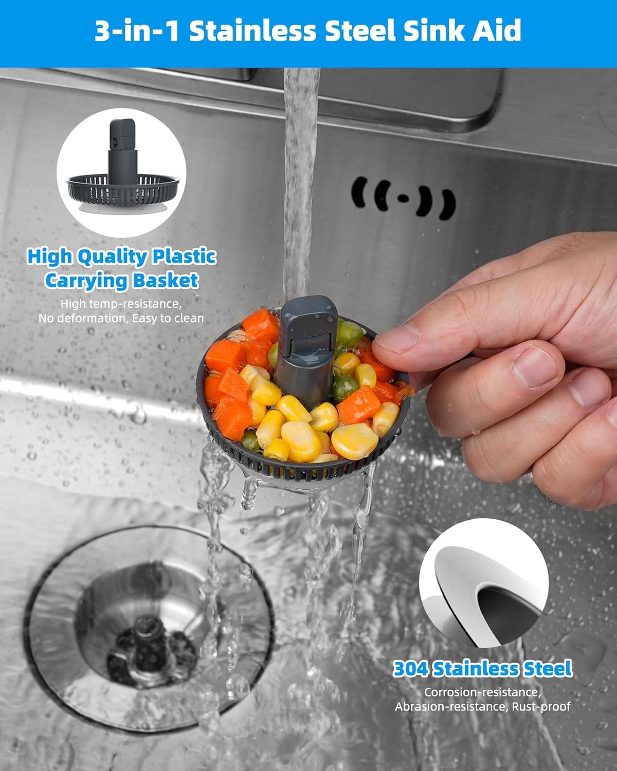 Hibbent Upgraded 2 Pack 3 in 1 Kitchen Sink Drain Strainer and Stopper Combo, Stainless Steel Metal Pop Up Sink Stopper, Anti-Clogging Basket with Foldable Handle for US Standard 3-1/2 Inch Drain
