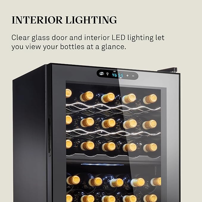 Wine Enthusiast 32-Bottle Dual Zone MAX Compressor Wine Cooler – Freestanding Mini Fridge with Digital Touchscreen, LED Display, Split Storage for Red & White Wines, Matte Black Refrigerator Home Bar