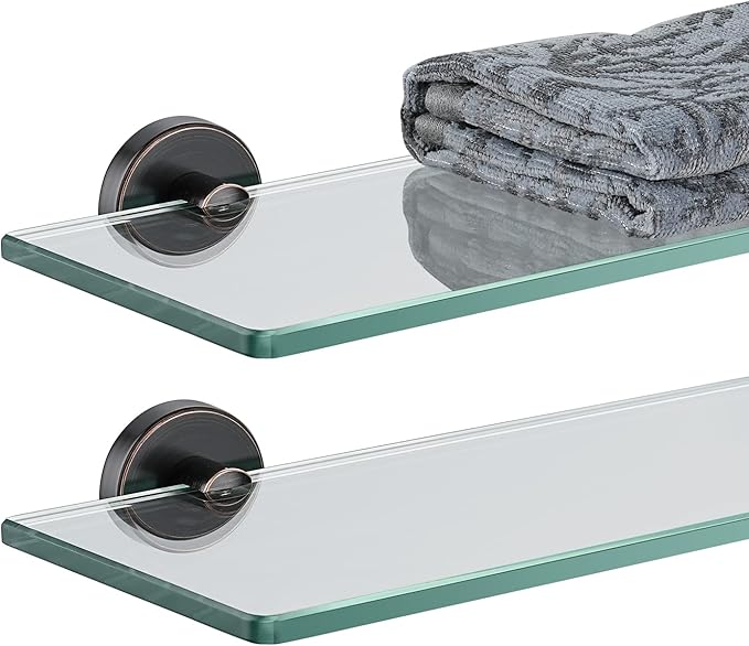 JQK Bathroom Glass Shelf Oil Rubbed Bronze, Tempered Glass Shower Storage 16 by 5 inches, 304 Stainless Steel ORB Wall Mount 2 Pack, TGS101L16-ORB-P2