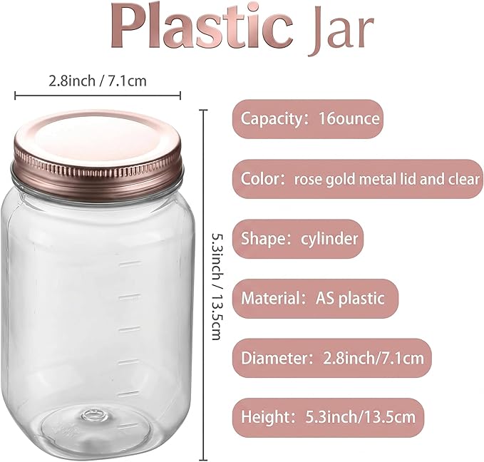 novelinks 16 oz Clear Plastic Jars with Lids, Refillable 16oz Mason Jars with Lids & Storage Containers for Kitchen & Household Use (20 Pack,Rose Gold)