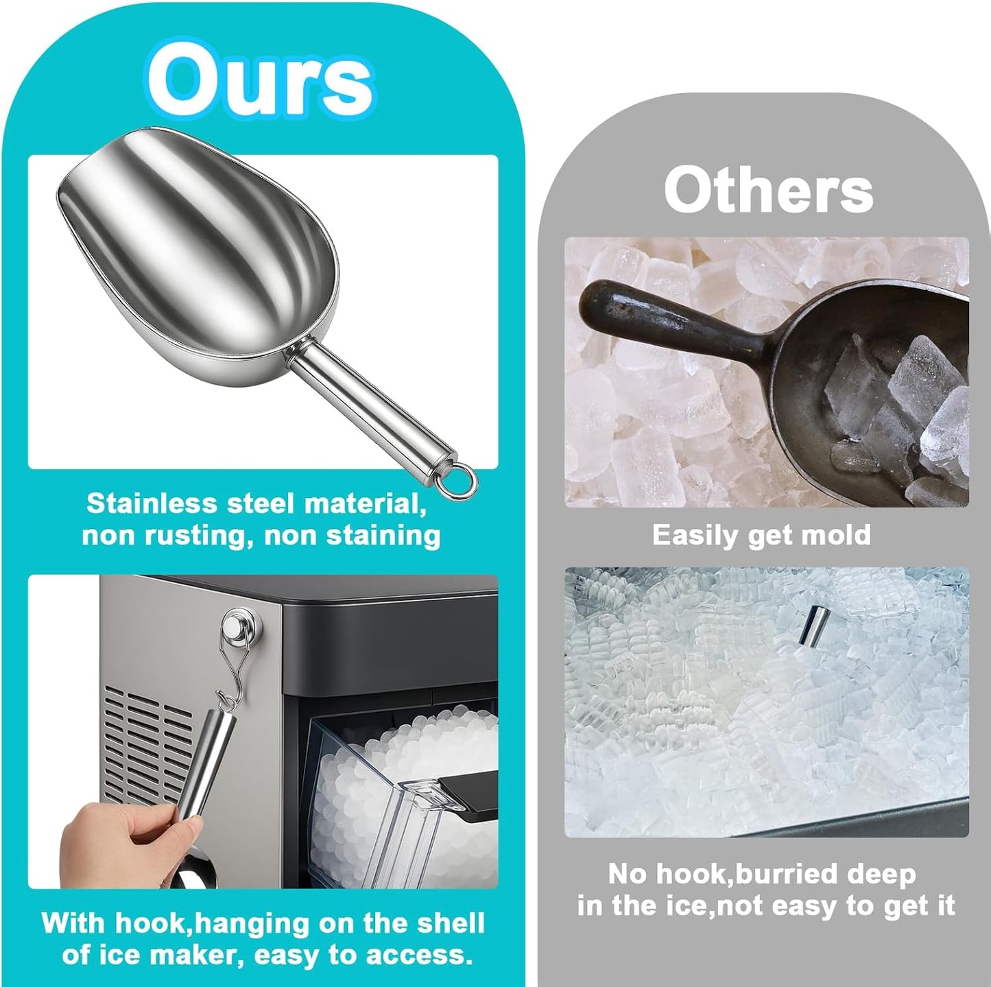 Stainless Steel Ice Scoop for Freezer with Magnetic Hook - Ice Scoop for GE Profile Opal 2.0 Nugget Ice Maker, for Kitchen Ice Bucket Bar Party Accessories